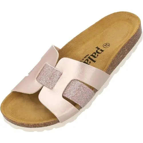 Produktbild: Palado Damen Pantoletten Crisui - Sandalen mit glitzernden Riemen - Hausschuhe mit Natur Kork-Fussbett - bequeme Schuhe mit Sohle aus feinstem Velourleder Rosa Metallic UK8 - EU41