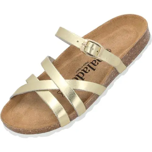 Produktbild: Palado Pantoletten Damen Cruisi Premium Leather - bequeme Sandalen Made in Spain - Hausschuhe mit Kork-Fußbett - elegante Sommerschuhe Gold Metallic UK6 - EU39