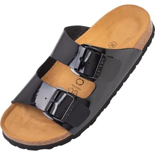 Produktbild: Palado Pantoletten Damen Korfu Lack - gefertigt in Spanien - glänzende Oberfläche - Veloursleder-Decksohle - bequemes Weichfußbett - rutschfeste EVA-Sohle Schwarz/Schwarz UK5,5 - EU38