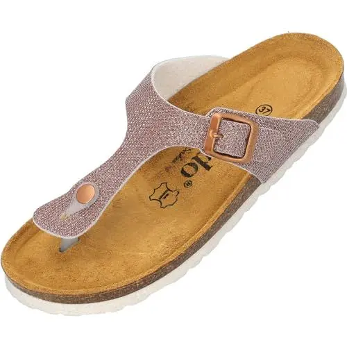 Produktbild: Palado Damen Pantoletten Kos Tiffany by Sila Sahin - modische Zehentrenner Sandalen für Frauen - Hausschuhe mit Natur Kork-Fussbett - Sandalen aus feinstem Veloursleder Rosa UK6 - EU39