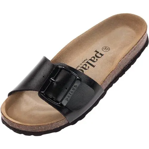Produktbild: Palado Pantoletten Damen Malta EGS Metallic - bequeme Sandalen Made in Spain - Hausschuhe mit dämpfendem Kork-Fußbett - modische Sommerschuhe Schwarz UK5,5 - EU38