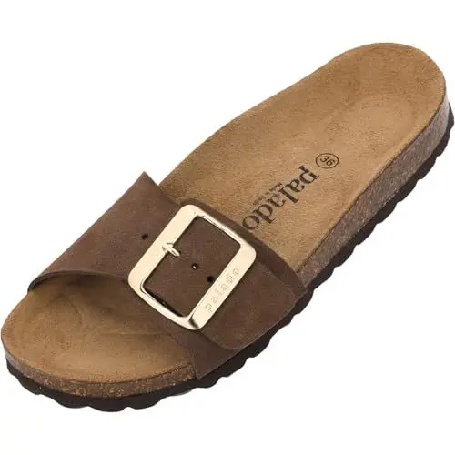 Produktbild: Palado Pantoletten Damen Malta EGS Velours Premium Leather - elegante Sandalen Made in Spain - Hausschuhe mit Kork-Fußbett - bequeme Sommerschuhe Dunkelbraun UK6 - EU39