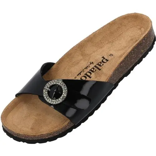 Produktbild: Palado Pantoletten Damen Malta RD by Sila Sahin – bequeme Sandalen Made in Spain - Hausschuhe mit runder Glitzerschnalle - modische Sommerschuhe mit Kork-Fußbett Schwarz Lack UK9 - EU42