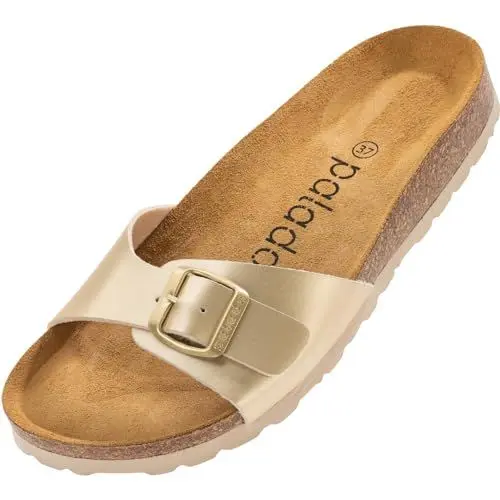 Produktbild: Palado Damen Pantoletten Malta - extra bequeme Sandalen - modische Hausschuhe mit Natur Kork - Made in EU - Sandaletten mit Sohle aus feinstem natur Leder Lack Creme Gold 40 EU