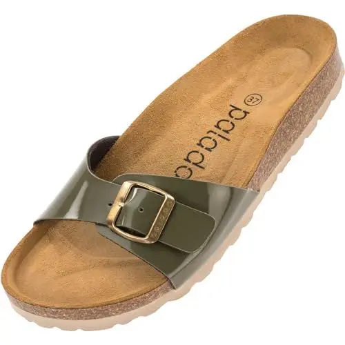 Produktbild: Palado Pantoletten Damen Malta Lack – gefertigt in Spanien – Glänzendes Obermaterial – EVA-Sohle – Veloursleder-Decksohle – Weichfußbett Khaki UK5,5 - EU38