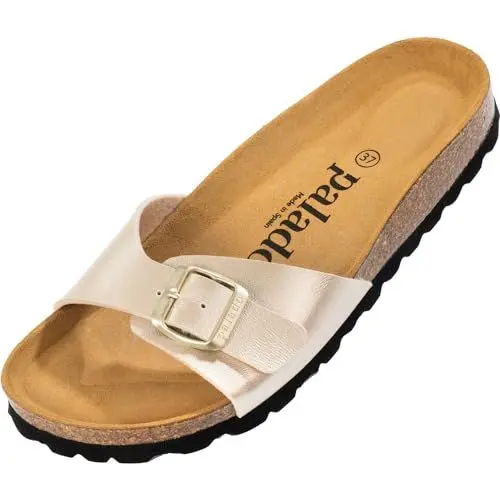 Produktbild: Palado Pantoletten Damen Malta Metallic – gefertigt in Spanien – weiche Veloursleder-Decksohle – robuste EVA-Sohle – edles Metallic-Design Gold/Schwarz UK9 - EU42