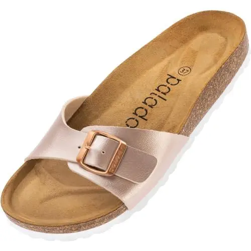 Produktbild: Palado Damen Pantoletten Malta - extra bequeme Sandalen - modische Hausschuhe mit Natur Kork - Made in EU - Sandaletten mit Sohle aus feinstem natur Leder Rose(Metallic) 41 EU