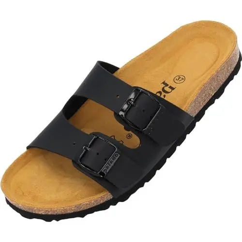 Produktbild: Palado Pantoletten Damen Milos Matt – bequeme Sandalen Made in Spain - Hausschuhe mit dämpfendem Kork-Fußbett - modische Sommerschuhe Schwarz Matt UK6 - EU39