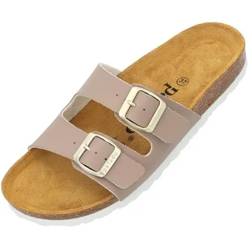 Produktbild: Palado Pantoletten Damen Milos Matt – bequeme Sandalen Made in Spain - Hausschuhe mit dämpfendem Kork-Fußbett - modische Sommerschuhe beige matt UK8 - EU41