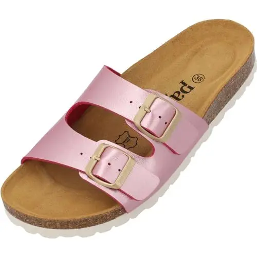 Produktbild: Palado Pantoletten Damen Milos Metallic – elegante Sandalen Made in Spain - bequeme Hausschuhe mit Kork-Fußbett - modische Sommerschuhe Pink UK8 - EU41
