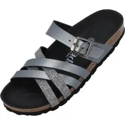 Produktbild: Palado Damen Pantoletten Novati - Sandalen mit Schnalle - Hausschuhe mit Natur Kork-Fussbett - bequeme Schuhe mit Sohle aus feinstem Velourleder Grau (Anthrazit) UK8 - EU41