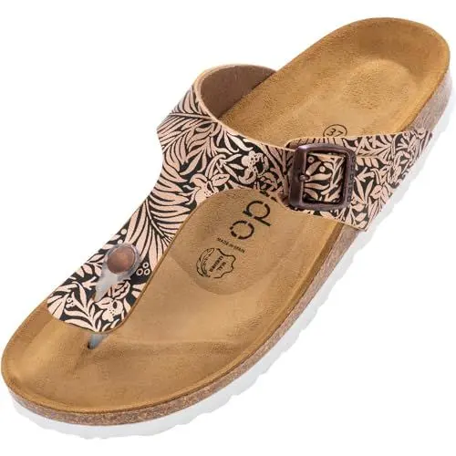 Produktbild: Palado Zehentrenner Damen Kos Prints – gefertigt in Spanien – Veloursleder-Decksohle – modische Prints – weich gepolstertes Fußbett Leaves Bronze UK6 - EU39