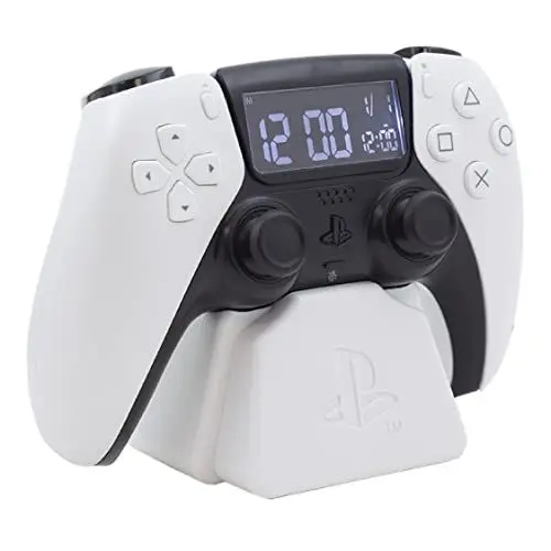 Produktbild: PlayStation PS5 Controller Wecker - Offiziell lizenziertes Sony-Merchandise, digitales weißes Uhrwerk mit Datum, Geschenkaccessoire für Gamer, Schlafzimmerdeko