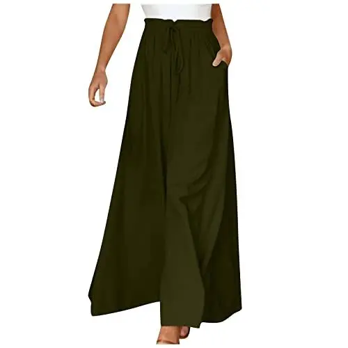 Produktbild: Palazzo Hose Damen Elegant Damen Elegant Weites Bein Hosen Elastisch Hohe Taille Palazzo Hose Mit Kordelzug Damen Sommerhosen Luftige Sommerhose Damen (2-Dark Green,M)