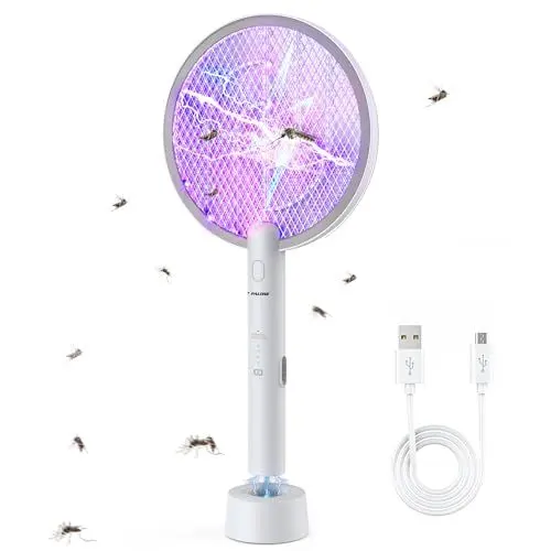 Produktbild: PALONE Elektrische Fliegenklatsche mit 4000V - Insektenvernichter Elektrisch & UV-Licht Mückenklatsche, 2-in-1 USB C wiederaufladbar inkl. Ladebasis