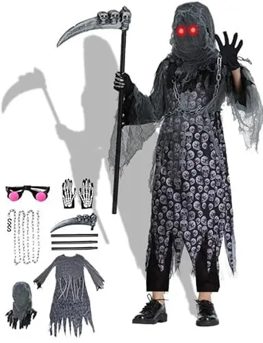Produktbild: Pamerner Halloween Kostüm Kinder - Sensenmann Kostüm für Jungen mit Rote Augen, Für Halloween, Karneval, Fasching oder andere Cosplay-Partys (M)