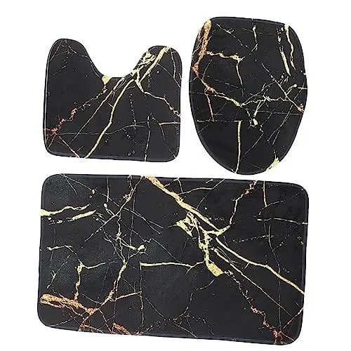 Produktbild: PAMINGONO 1 Satz Duschvorhang-Set aus schwarzem Marmor Toilettendeckelmatte Toilettenkissen WC Deckelbezug Set Badteppich Set modern fußmatte duschvorhangstange Toilettenzubehör Tankdeckel