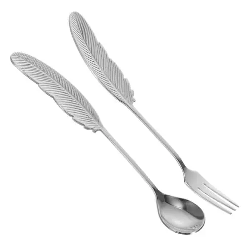 Produktbild: PAMINGONO 1 Satz Federgabel Und Löffelset Küchenutensilien Kaffeelöffel Fruchtgabel Dekorative Kuchengabel Esslöffel Abendessen Kuchenlöffel Salatlöffel Obstdekor Silver Rostfreier Stahl