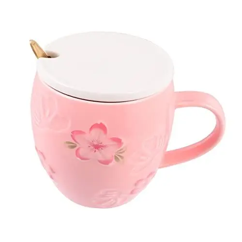 Produktbild: PAMINGONO 1 Stk Keramikbecher Wasserbecher Reisebecher mit Deckel Milchbecher mit Löffel Kaffeebecher aus Steingut cute mugs esspressokaffeetassen Wasserkeramikbecher Keramiktasse Rosa