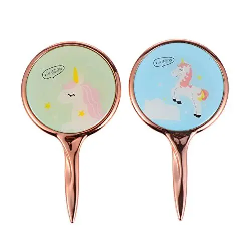 Produktbild: PAMINGONO 2St runder Griffspiegel tragbarer Reisespiegel Kosmetik Kleiner Handspiegel Spiegel mit Einhornmuster schminkspiegel Vanity Mirror tragbarer Spiegel Einhorn-Handspiegel Glas Blue