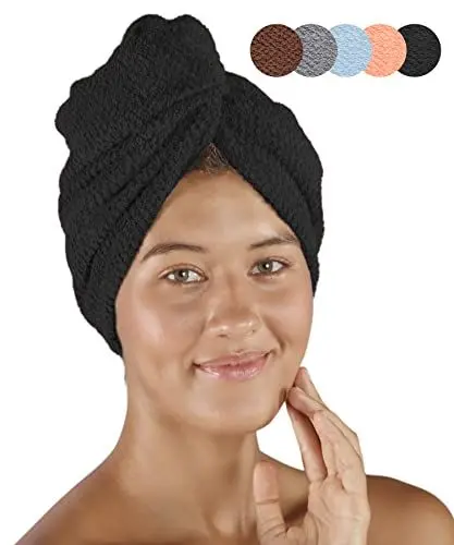 Produktbild: pamuq Haarturban Baumwolle 100% - schwarz, 1 Stück - mit 2 Knöpfe - Turban-Handtuch Knopf Haar-Handtuch Kopf-Handtuch Knopf Haarturban schnelltrocknend Hair Towel Handtuch Haare Haartrockentuch