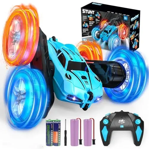 Produktbild: PANACARE Ferngesteuertes 360° Stunt Auto, 2.4Ghz RC Auto Doppelseitig mit Fernbedienungn/Radlichtern/4 Batterien/Licht, 360° Flip, 4WD Off Road Kinderspielzeug Geschenk ab 3456789 Junge