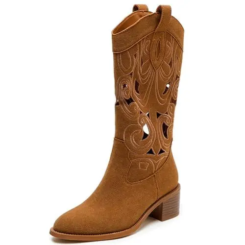 Produktbild: PanaLuxe Cutout Cowboy Stiefel for Women Stacked Blockabsatzs Cowgirl Boots Mid Calf Summer Western Boots Faux Suede