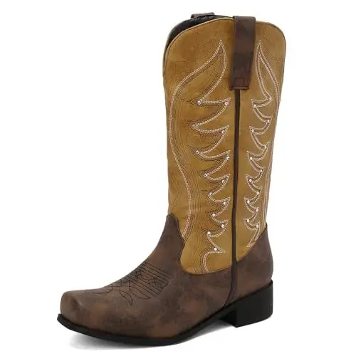 Produktbild: PanaLuxe Klassische Cowboy-Stiefel für Damen Niedriger Absatz Western Ranch Stiefel Patchwork Mexikanische Stiefel Mittlere Wade zum Hineinschlüpfen