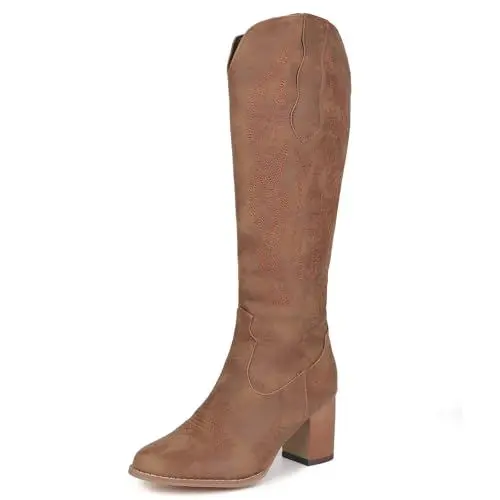 Produktbild: PanaLuxe Mode Bestickt Cowboystiefel Damen Blockabsatz Kniehohe Stiefel Langschaft Reißverschluss Hohe Stiefel Cowgirl Stiefel mit Absatz
