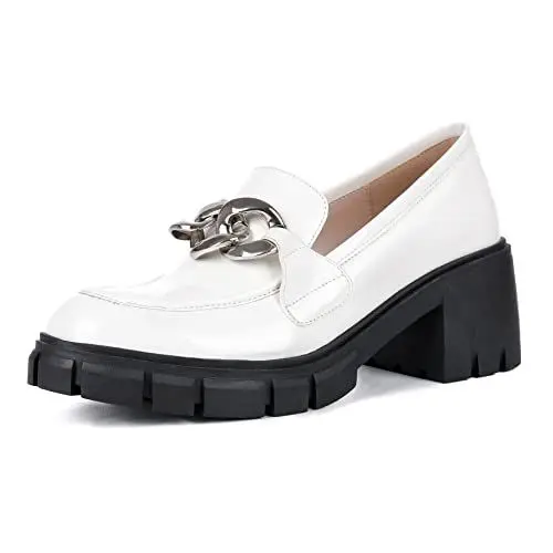Produktbild: PanaLuxe Schwarzer klobiger Loafer für Damen mit Lug Sohle Penny Loafer für Damen Plateau Bequeme Schuhe mit Metallkette Damen Office Schuhe White 40