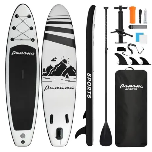 Produktbild: Panana Aufblasbares Stand Up Paddle Board 305x76x15cm mit Premium SUP Board Zubehör, Surfbrett Surfing Board Kit, Verstellbares Paddel, Hand Ultra-Leicht, Rutschfestes Deck Schwarz