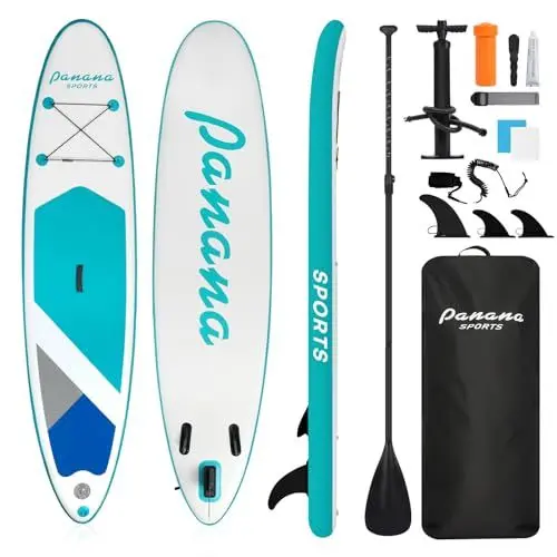 Produktbild: Panana Aufblasbares Stand Up Paddle Board 325x76x15cm mit Premium SUP Board Zubehör, Surfbrett Surfing Board Kit, Verstellbares Paddel, Hand Ultra-Leicht, Rutschfestes Deck Grün
