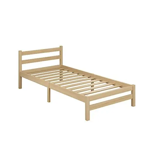 Produktbild: Panana Holzbett Einzelbett 90x190 Bett Natur Massive Holz Einzelbett Bettgestell mit Lattenrost und Kopfteil Kinderbett Jugendbett Gästebett Rahmen Kiefer (Natur)