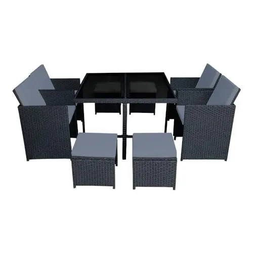 Produktbild: Panana Rattan Gartenmöbel-Set für 8 Personen mit Esstisch und gepolsterten Stühlen Hocker für Außenbereich, Terrasse und Wintergarten Schwarzes Rattan mit grauen Kissen