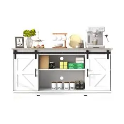 Produktbild: Panana Sideboard, Küchenschrank mit 2 Schiebetüren und Verstellbarem Regal, Aufbewahrungsschrank für Küche, Wohnzimmer, Esszimmer, 150 x 40 x 71 cm (Weiß+Holz)