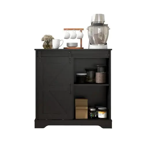 Produktbild: Panana Sideboard, Küchenschrank mit Schiebetür und Verstellbarem Regal, Aufbewahrungsschrank für Küche, Wohnzimmer, Esszimmer (Schwarz)