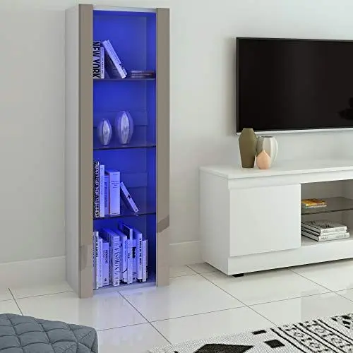 Produktbild: Panana Vitrinenschrank Glasvitrine Vitrine Schrank mit RGB LED-Beleuchtung, 3 Glasböden, für Wohnzimmer, Schlafzimmer, 55 x 35 x 166 cm (Weiß+Grau)