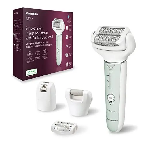 Produktbild: Panasonic ES-EY70 Nass/Trockenepilierer Damen, Dual Disc mit 60 Pinzetten, 90° schwenkbarer Kopf, 3 Geschwindigkeiten & LED-Licht, 30 Min. Betrieb, kabellos, Haarentferner, Fußpflegekopf.