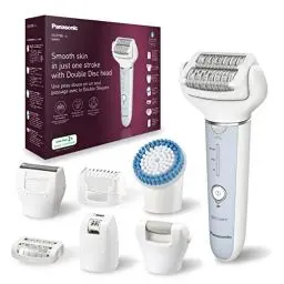 Produktbild: Panasonic ES-EY90-A503 Nass/Trockenepilierer, Dual Disc mit 60 Pinzetten, 90° schwenkbarer Kopf, 3 Geschwindigkeiten & LED-Licht, 30 Min. Betrieb, kabellos, Haarentferner, Scher- und Fußpflegekopf.
