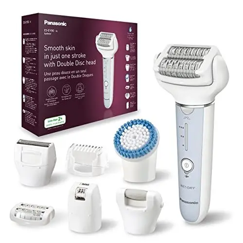 Produktbild: Panasonic ES-EY90-A503 Nass/Trockenepilierer, Dual Disc mit 60 Pinzetten, 90° schwenkbarer Kopf, 3 Geschwindigkeiten & LED-Licht, 30 Min. Betrieb, kabellos, Haarentferner, Scher- und Fußpflegekopf.