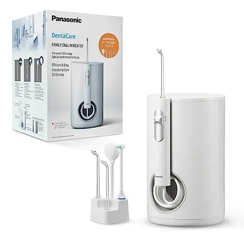 Produktbild: Panasonic EW1614AW503-PACK Familien-Munddusche, Munddusche für Zähne, Ultraschallstrahl, Kindermodus, 10 Druckeinstellungen, IPX7, Kieferorthopädie, 5 Düsen, Netzbetrieb, Weiß