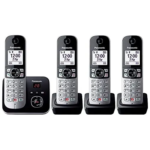 Produktbild: Panasonic KX-TG6864GB Schnurlostelefon mit 4 Mobilteilen und Anrufbeantworter (Bis zu 1.000 Telefonnummern sperren, übersichtliche Schriftgröße, lauter Hörer, Voll-Duplex Freisprechen) schwarz-silber