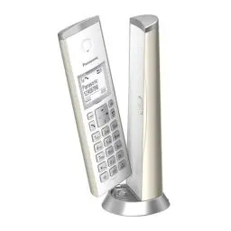 Produktbild: Panasonic KX-TGK220GN Design-Schnurlostelefon mit Anrufbeantworter, Station & Hörer, Freisprecheinrichtung, weißes LCD, Blockierung störender Anrufe, Hörer-Magnet, Champagnergold
