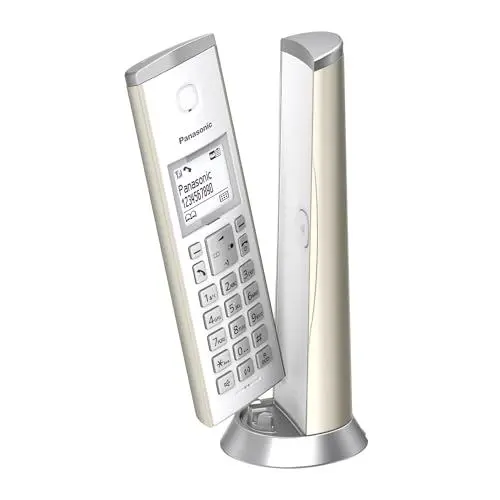Produktbild: Panasonic KX-TGK220GN Design-Schnurlostelefon mit Anrufbeantworter, Station & Hörer, Freisprecheinrichtung, weißes LCD, Blockierung störender Anrufe, Hörer-Magnet, Champagnergold