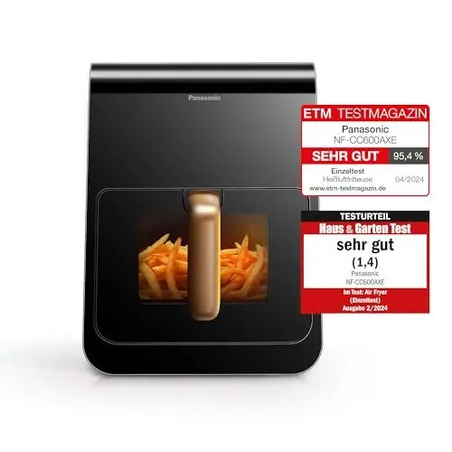 Produktbild: Panasonic NF-CC600AXE Air Fryer mit Sichtfenster, 6 l, 80–200 °C, digitaler Timer & LCD-Display, sanfte Dampfzugabe, 11 Voreinstellungen, einfache Reinigung, Schwarz mit Griff in Roségold