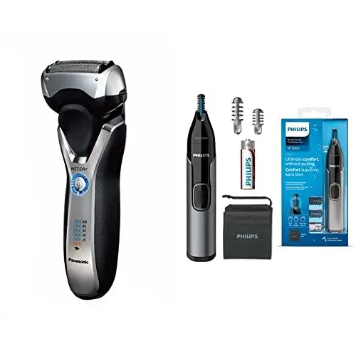 Produktbild: Panasonic Nass/Trocken-Rasierer ES-RT67 & Philips Nasen und Ohrenhaartrimmer Series 3000 zum sicheren Trimmen von Nasen und Ohrenhaaren und Augenbrauen ohne Zupfen NT3650/16