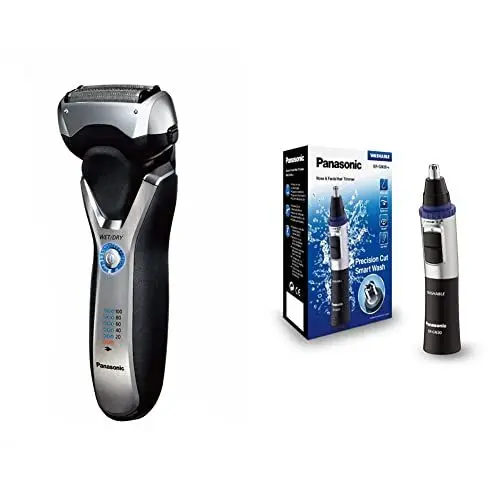 Produktbild: Panasonic Nass/Trocken-Rasierer ES-RT67 mit 3 Scherelementen, ausschiebbarem Langhaarschneider, 5-stufige Akkuanzeige & Nasen/Ohrhaarschneider ER-GN-30K mit Batteriebetrieb