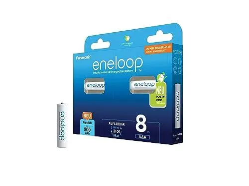 Produktbild: eneloop, AAA/Micro NI-MH Akku, 8er-Pack, Kapazität mit min. 800 mAh, Ready-to-Use NI-MH Akkus, bis zu 2000 Mal wiederaufladbar, plastikfreier Verpackung, Standard, weiß