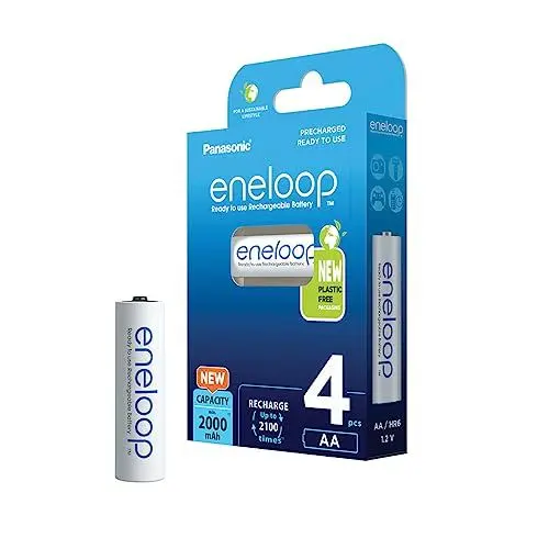 Produktbild: eneloop, AA/Mignon NI-MH Akku, 4er-Pack, Kapazität mit min. 2000 mAh, Ready-to-Use NI-MH Akkus, bis zu 2000 Mal wiederaufladbar, plastikfreier Verpackung, Standard, weiß