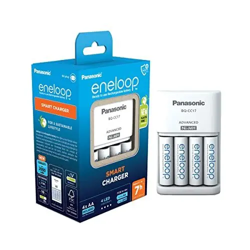 Produktbild: eneloop Smart Ladegerät, für 1-4 AA/AAA NI-MH Akkus, 7 Stunden Ladezeit, 7 Sicherheitsfunktionen, inkl. 4 eneloop AA Akkus (2000 mAh)